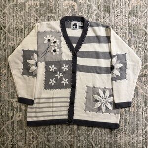 Vintage Storybook Knits Retro Grey | 2hite Floral Patchwork Cardigan.